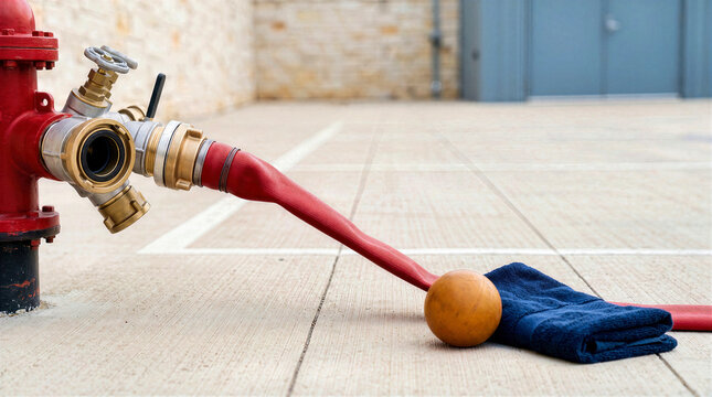 Red fire hydrant with brass nozzle connected to a flat red hose on a concrete ground. Outdoor scene with a folded blue towel and a small yellow ball next to the hose near a building entrance