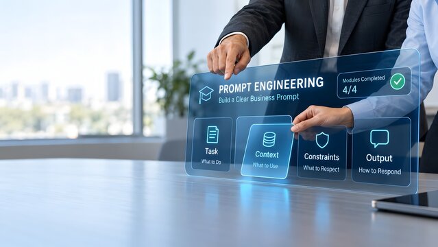 Ai prompt engineering interface displayed on transparent screen with hand interaction