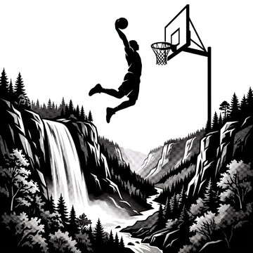Athlete dunking over waterfall in forest on white background