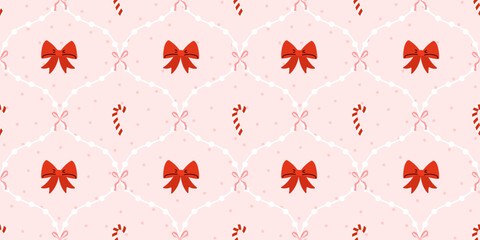 Fototapeta premium Bow pattern coquette pink heart seamless vector bg for sweater. Cover or gift ornament elegant lattice background with bowknot illustration. Love trellis graphic for happy kid or baby.