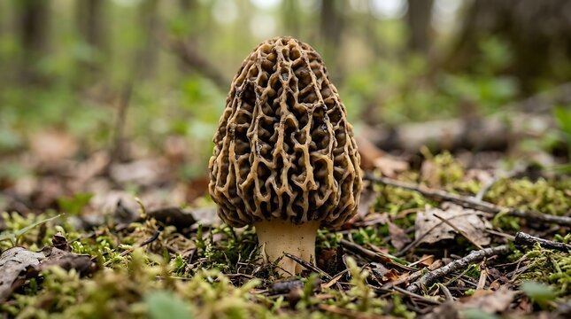 Wild morel mushroom growing on the forest floor surrounded by green moss and natural woodland vegetation in spring