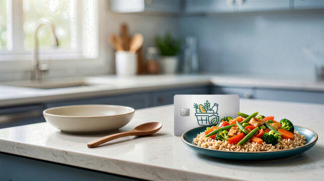 Fresh vegetable stir fry with brown rice on a plate next to a food benefit assistance card on a kitchen countertop. Nutritious home-cooked meal with an empty bowl, wooden spoon and copy space