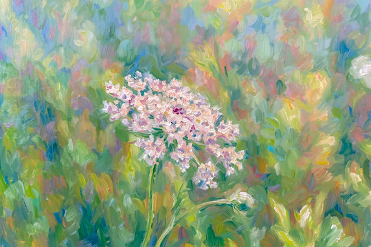 Delicate Wildflower Oil Painting in Pastel Meadow Colors With Impressionist Brushstrokes and Serene Pink Blossom