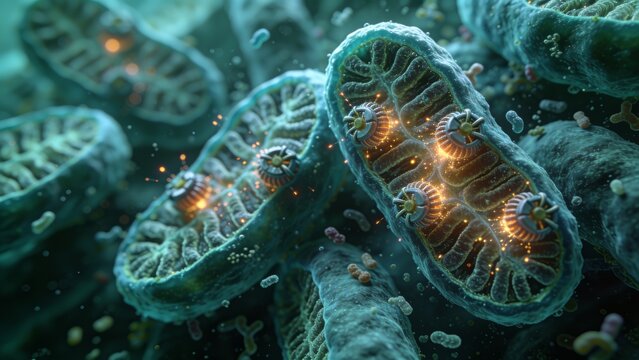Showing mitochondrion right emitting orange glows along cristae and rotary complexes in cytosol
