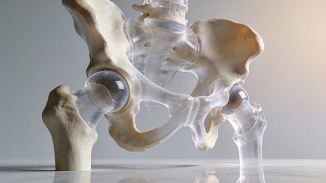 Displaying pelvic model and proximal femurs showing hip motion on smooth tabletop with clear joints