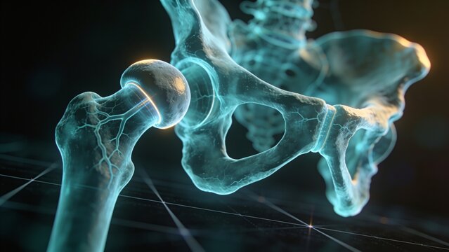 Displaying translucent cyan pelvis, proximal femur and acetabulum in studio, showing vein lines