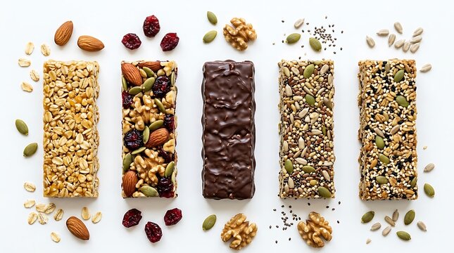 Assorted Healthy Granola Energy Bars Isolated on White Background Flat Lay Snack Food for Nutrition Fitness Website Page
