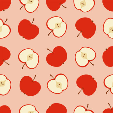 Handdrawn red apple and half fruit seamless pattern