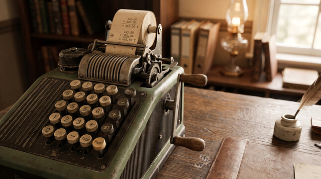 Vintage mechanical adding machine on wooden desk with quill pen and ink