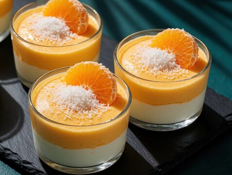 Creamy orange mousse dessert served in small glass cups. Layered citrus pudding topped with shredded coconut, fresh mandarin slices. Sweet fruit treat on dark slate stone platter. Delicious tropical