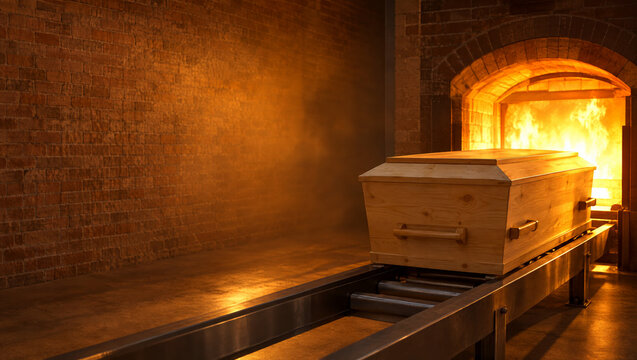Wooden casket inside a refractory brick cremation chamber