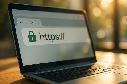 Laptop browser displaying https and a green security padlock