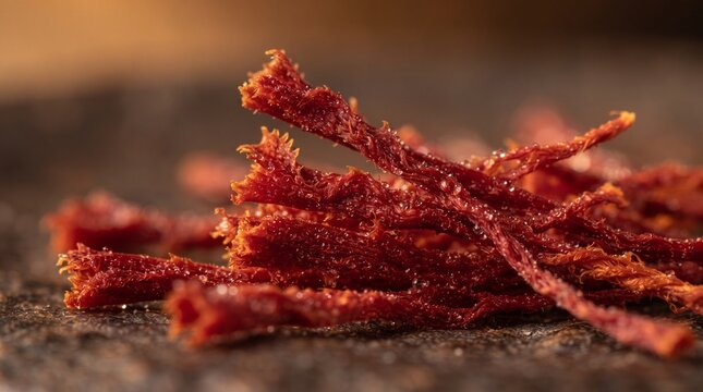 Extreme macro photograph of raw crimson red saffron crocus stigma threads with micro moisture