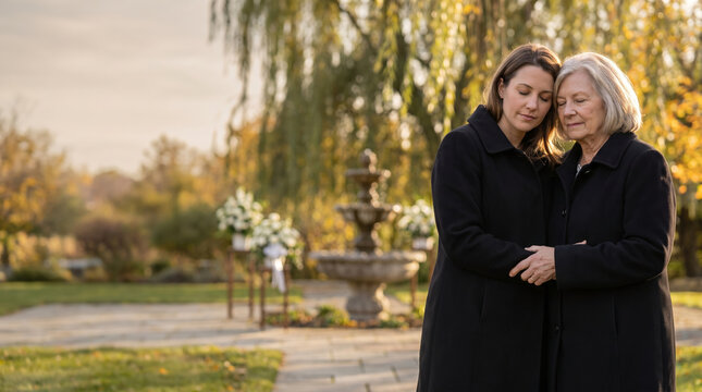 Mother and daughter sharing a supportive embrace in a memorial garden