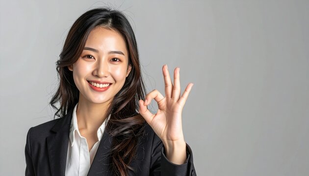 Businesswoman making OK gesture with cheerful professional smile