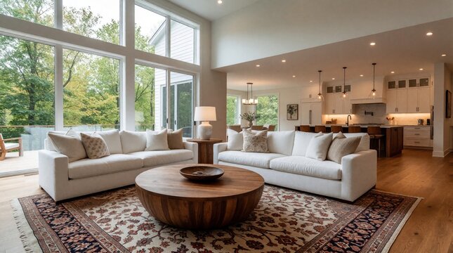 Modern open plan living room with large windows, white sofas. Wooden coffee table sits on oriental rug in bright luxury home. Spacious interior features hardwood floor, kitchen area in background.