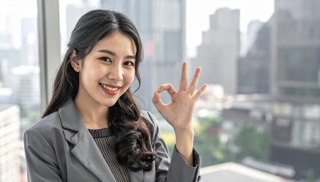 Young businesswoman making OK gesture during successful workday