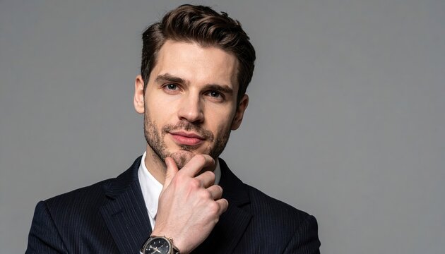 Thoughtful businessman touching chin while considering decision