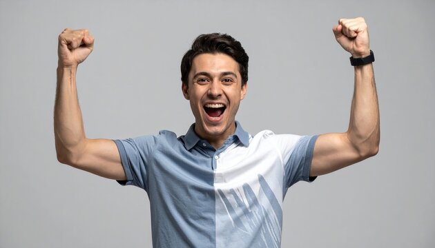 Young man celebrating football victory with enthusiastic gesture