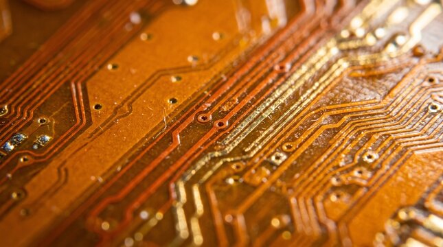 Extreme macro photograph of flexible printed circuit board showing copper and gold micro traces