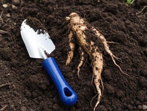 Fresh Codonopsis Pilosula root harvested from garden soil. Person digs out medicinal Dang Shen plant using small blue hand trowel. Natural herbal medicine root lies on dark dirt. Organic ginseng