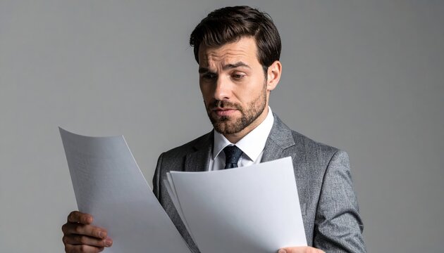 Handsome man holding documents with concerned expression, business problem concept