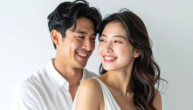Happy young couple bonding affectionately against clean white background