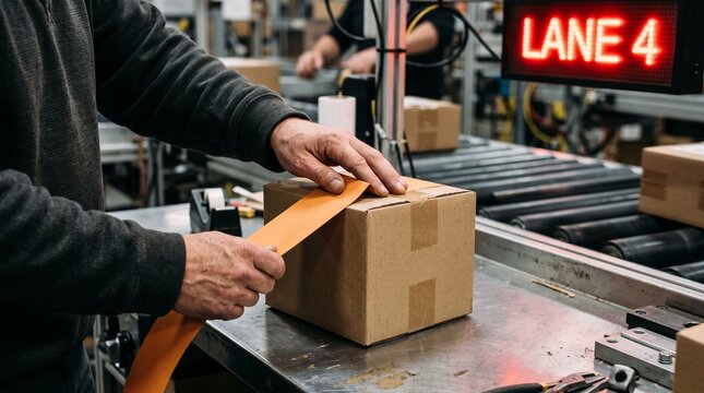 Hands secure an exception carton before route recovery