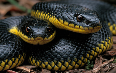 Fototapeta premium Two black snakes with yellow underbellies coiled on