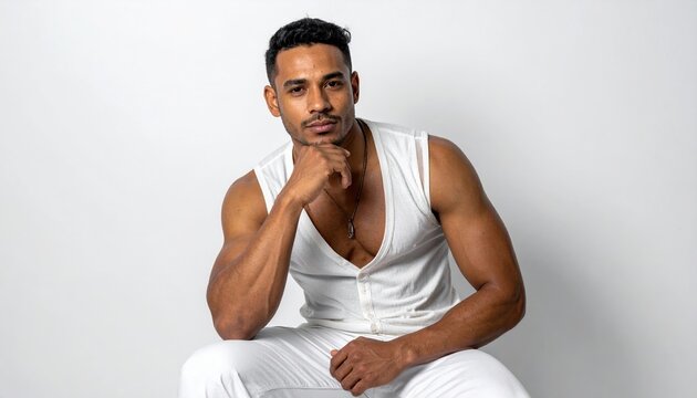 Elegant handsome man sitting comfortably against white background