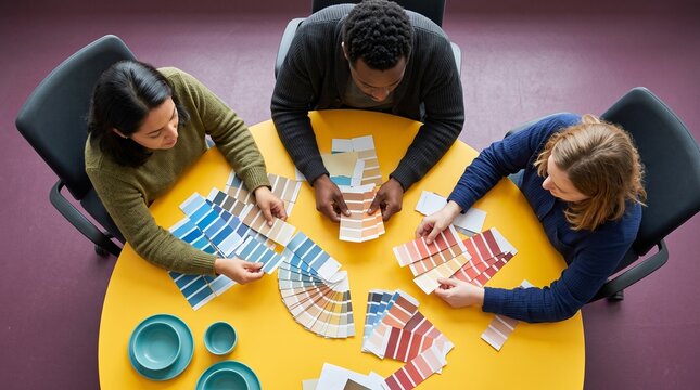 Colleagues sort swatches into a shared color system