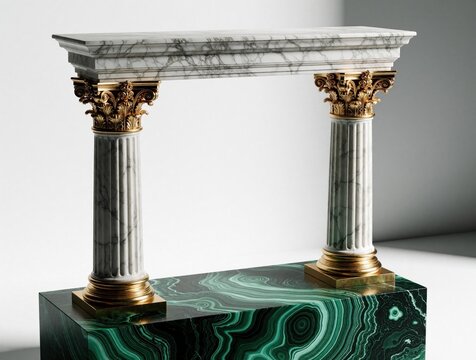 Elegant classical architecture piece with white marble columns, gold capitals. Ornate Corinthian pillars support marble lintel on large green malachite stone pedestal. Luxury decor design featuring