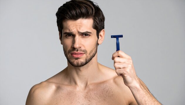 Shirtless man holding razor with dissatisfied expression, grooming concept
