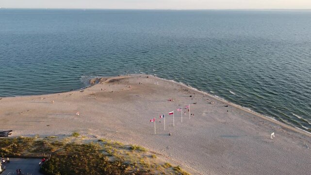 Aerial Top View of Hel Peninsula Beach and Baltic Sea Waves at Golden Hour, Poland