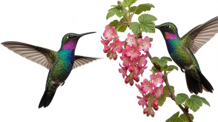 Fototapeta premium Two colorful hummingbirds hover near pink flower blossoms. Small tropical birds fly mid air to drink nectar from blooming plant branch. Vibrant green, magenta feathers glisten against white