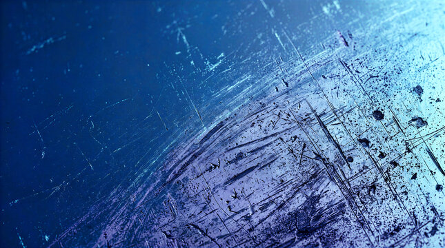Close up of dark blue metallic grunge surface with heavily scratched, abraded and pitted texture. Industrial steel or aluminum background with grazing light, metallic sheen and empty copy space