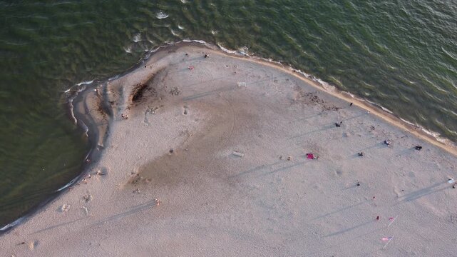 Aerial Top View of Hel Peninsula Beach and Baltic Sea Waves at Golden Hour, Poland
