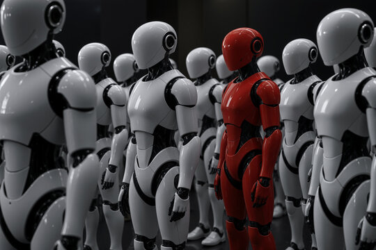 A single red humanoid robot stands among identical white androids, depicting a rogue AI agent breaking from the uniform machine collective