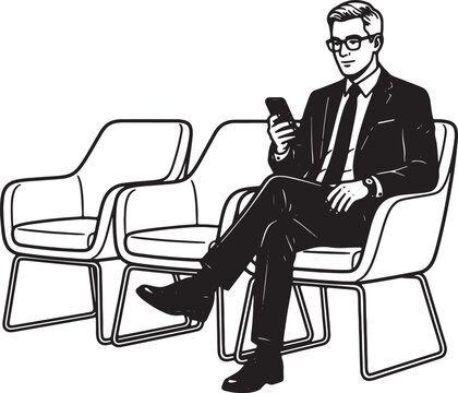 Businessman sitting in modern chair using smartphone while waiting for appointment with leg crossed in black and white minimalist style.