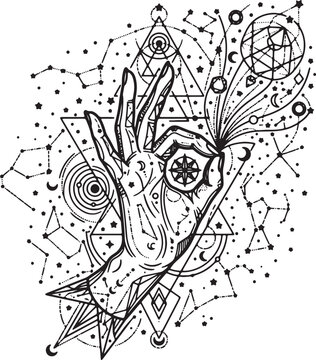 Mystical hand making mudra gesture with geometric cosmic elements celestial stars constellations and sacred shapes in black and white vector art design.