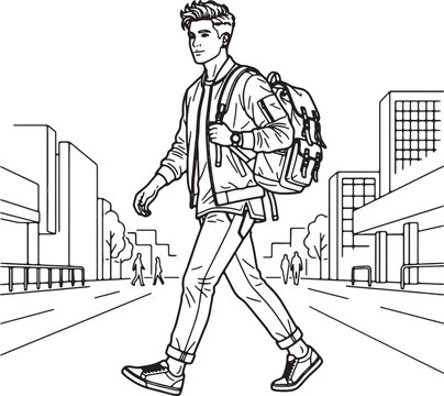Man walking in city with backpack, student or tourist exploring urban landscape, modern life and daily commute.