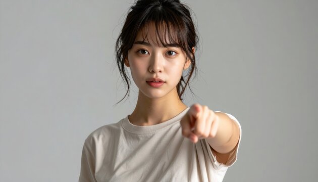 Young woman pointing directly toward camera, confident communication