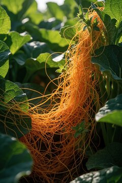 Orange dodder parasitic plant grows on green crop leaves in farm field. Invasive Cuscuta campestris vines tangle around host vegetation in agriculture garden. Wild weed destroys plants in nature