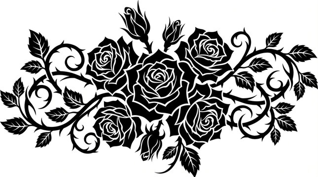 Blooming roses and thorny vines floral arrangement, black stencil tribal tattoo style vector illustration isolated on white background
