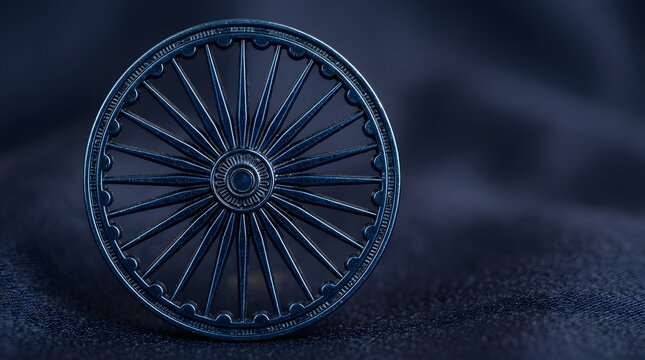 Macro shot of blue ashoka chakra emblem resting on dark textured fabric background for indian independence day national celebration concept with metallic shine