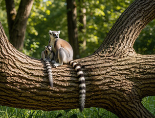Fototapeta premium Adult female ring tailed lemur sits on thick tree branch with small baby. Cute primate mother cares for young offspring in wild nature. Madagascar wildlife species shows long striped tails, grey fur