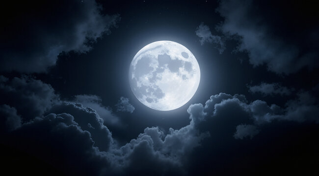 Night sky with full moon. Dramatic clouds in mystic moonlight. Large bright moon as concept of mystery, midnight, gothic time and spooky theme.
