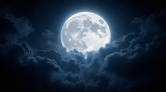 Night sky with full moon. Dramatic clouds in mystic moonlight. Large bright moon as concept of mystery, midnight, gothic time and spooky theme.
