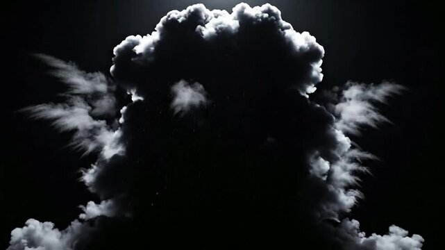 Dramatic white smoke cloud explosion and dispersal against a black background, for motion
