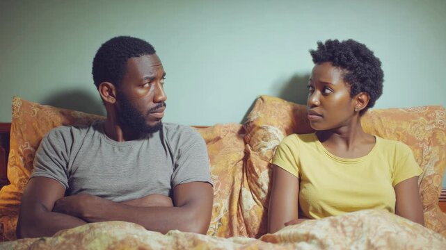 An African American couple sits on the bed, turned away from each other, with tense expressions. Concept of conflict, family quarrel, and relationship crisis
